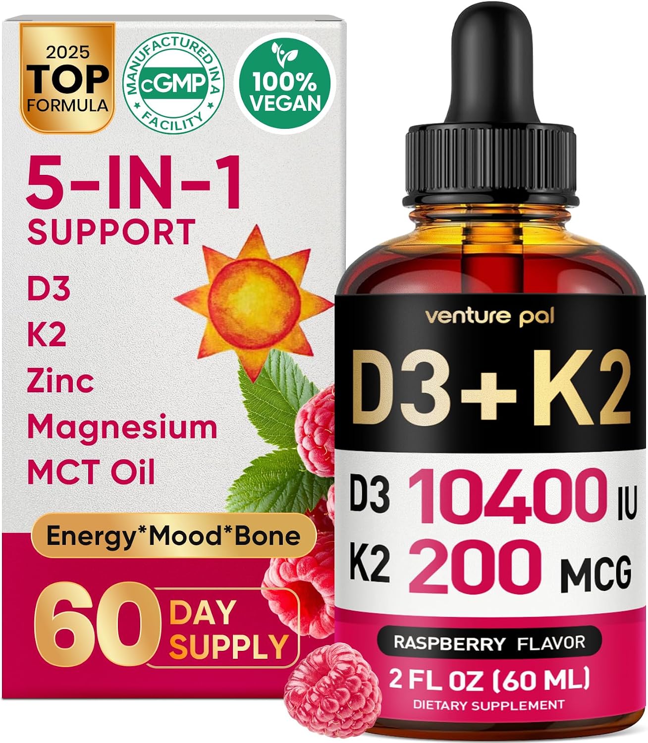 5-in-1 Vitamin D3 K2 Drops, Vitamin D3 10400 IU & K2(MK-7) 200mcg | With Magnesium, MCT Oil, Zinc, Maximum Absorption Vitamin D Liquid for Bone, Mood & Immune - Sugar Free | 2 FL OZ | 60 Days