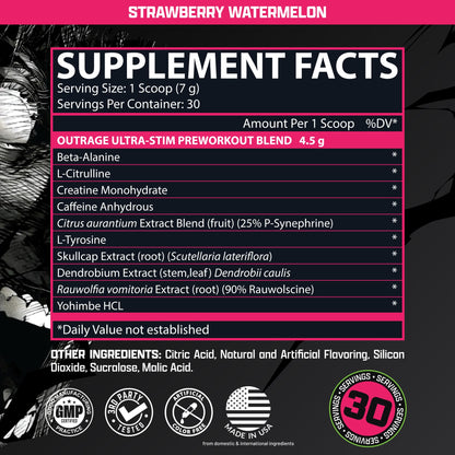 Outrage Ultra HIGH STIM Pre-Workout Powder for Men | 400mg Caffeine, L-Citrulline, Beta-Alanine, Creatine | Extreme Energy, Focus, Strength & Endurance (30 Servings, Strawberry Watermelon)