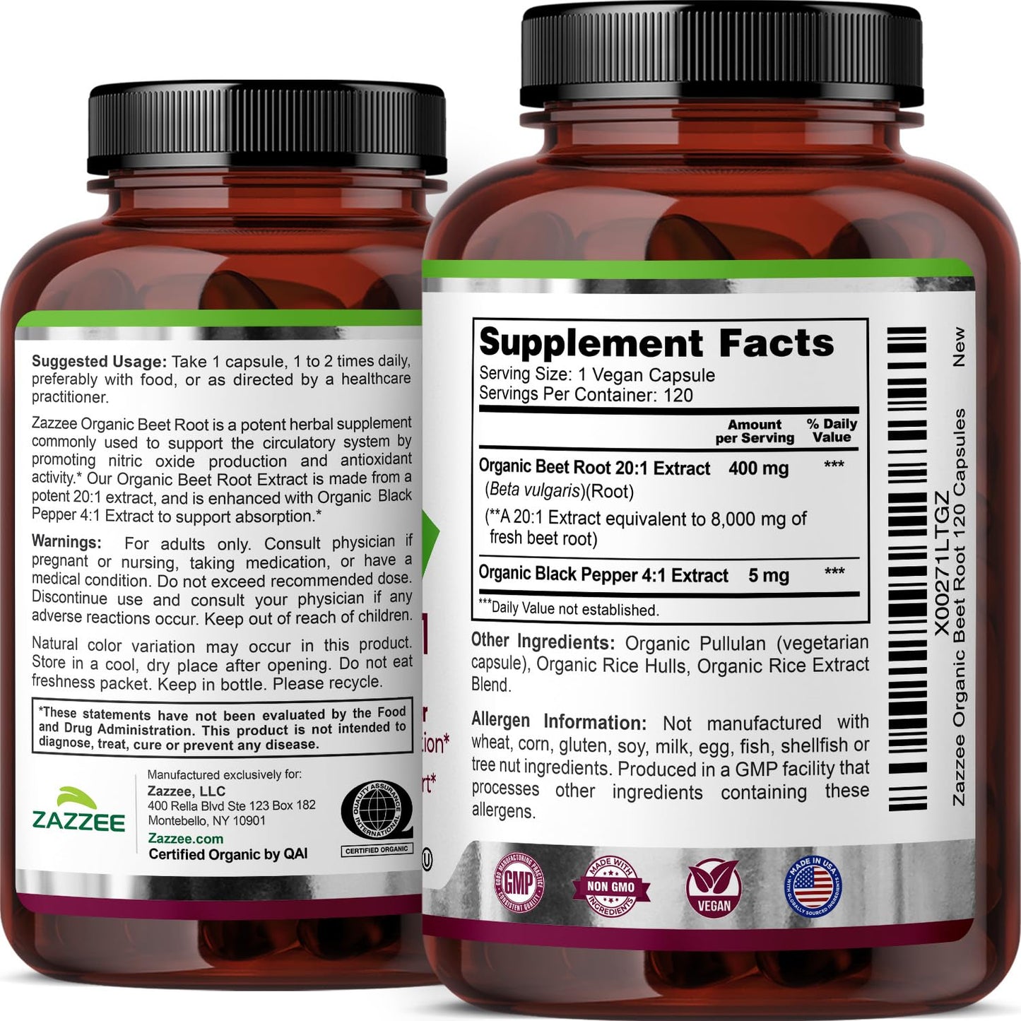 Zazzee USDA Organic Beet Root 20:1 Extract, 120 Vegan Quick Release Capsules, 4 Month Supply, Nitric Oxide Support, Black Pepper Extract for Enhanced Absorption, Certified Kosher, Non-GMO, Made in USA