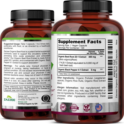 Zazzee USDA Organic Beet Root 20:1 Extract, 120 Vegan Quick Release Capsules, 4 Month Supply, Nitric Oxide Support, Black Pepper Extract for Enhanced Absorption, Certified Kosher, Non-GMO, Made in USA