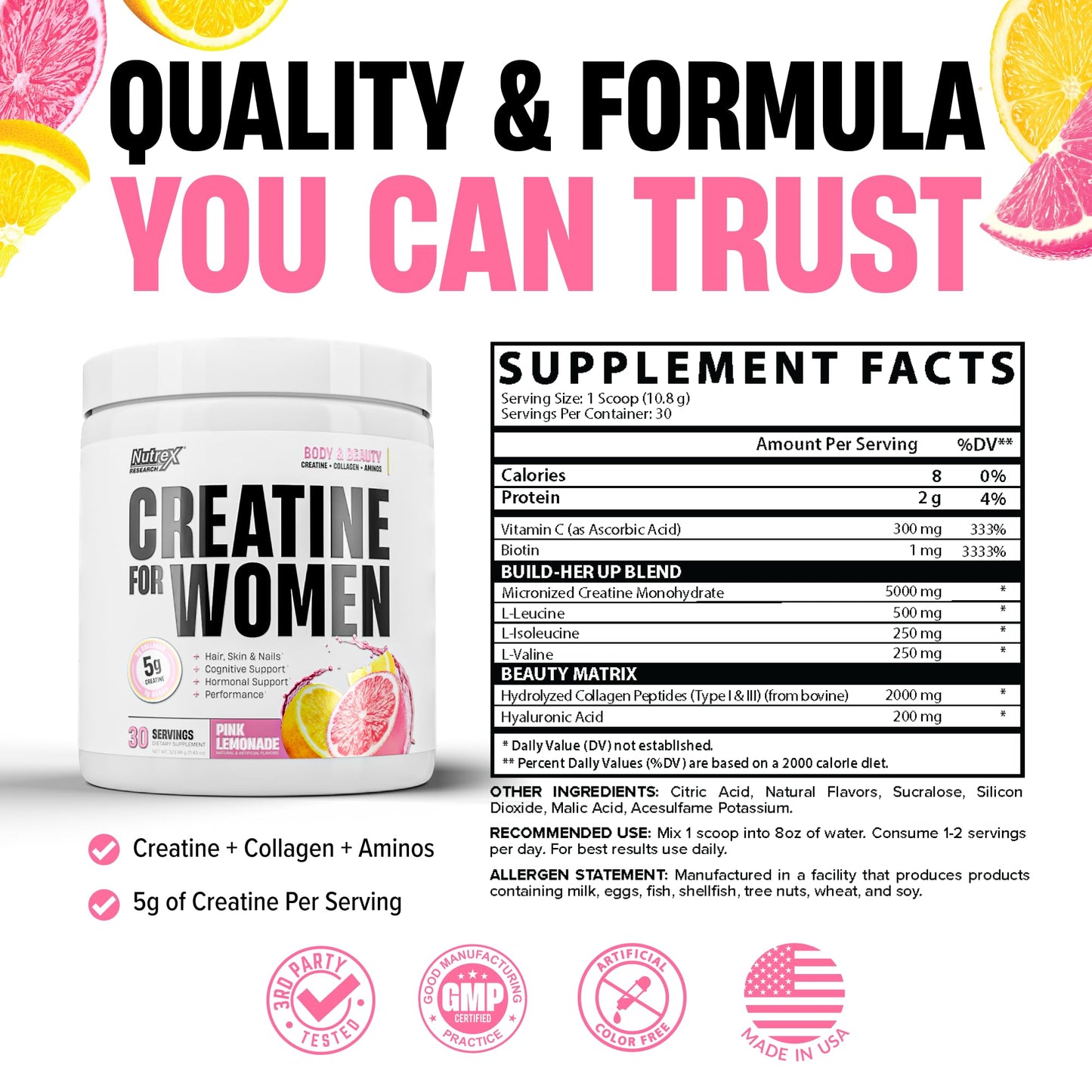 Nutrex Research Creatine for Women Booty & Beauty – Peach Mango | 5g Creatine, 2g Collagen, BCAAs & Hyaluronic Acid for Glutes, Strength & Skin | Gluten Free, 30 Servings