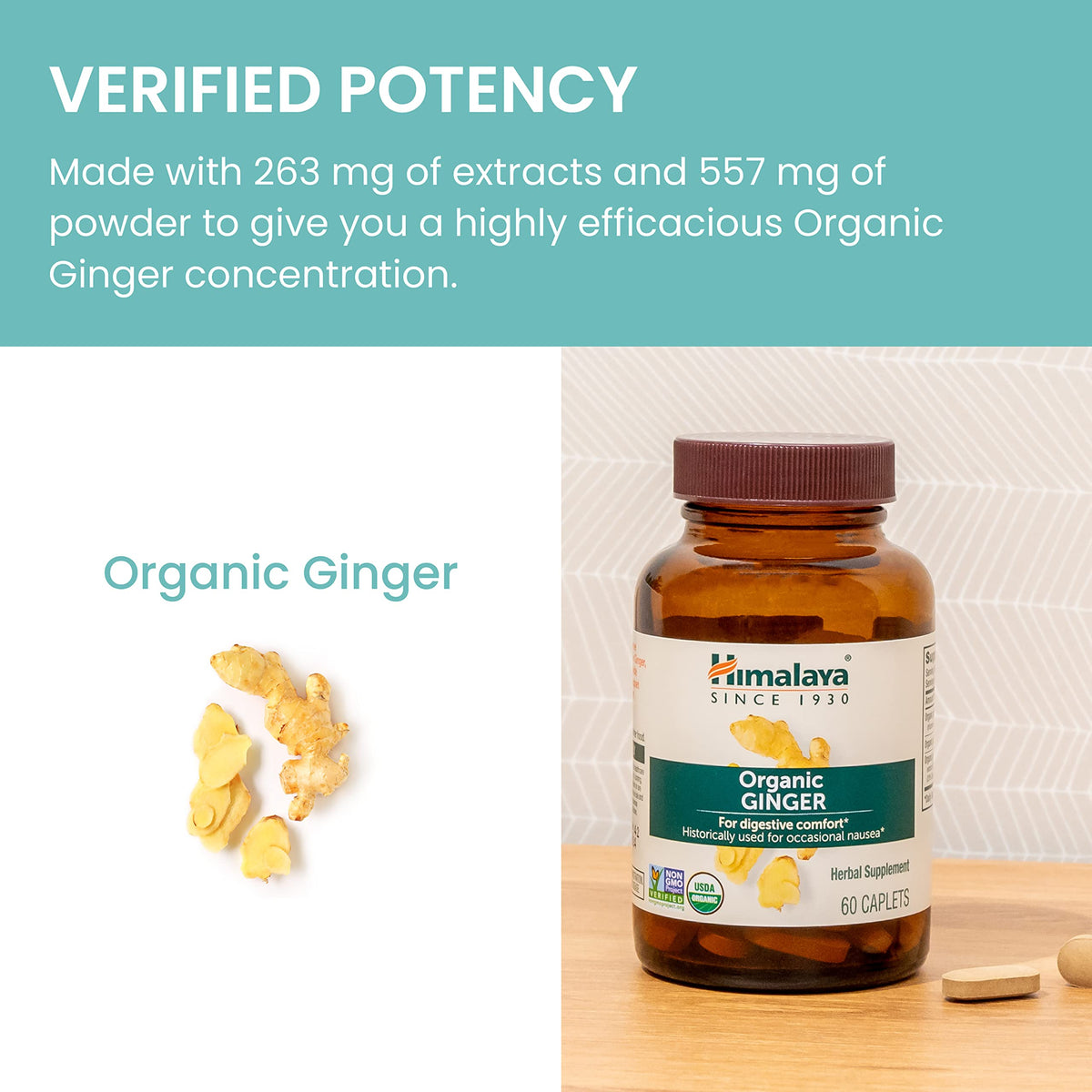 Himalaya USDA Organic Ginger Root Capsules, 60 Caplets, 60 Day Supply