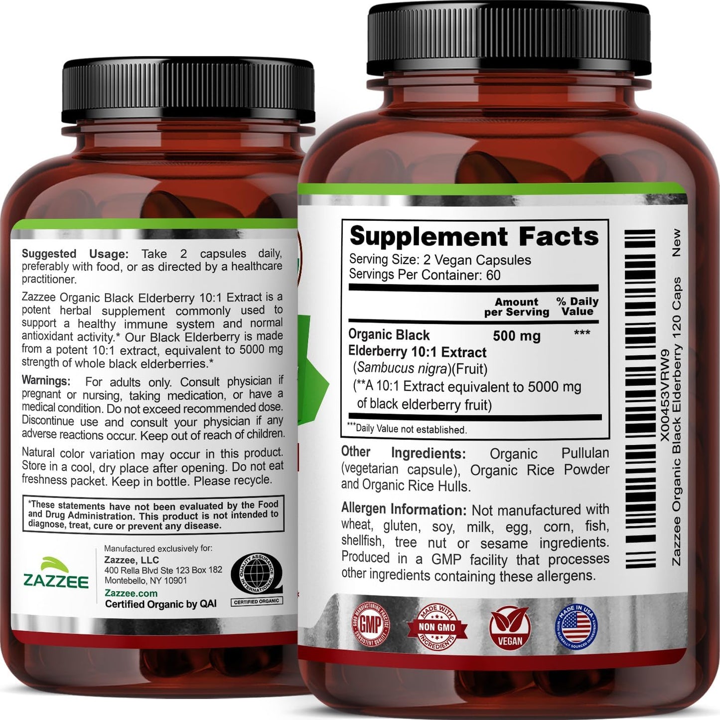 Zazzee USDA Organic Black Elderberry 10:1 Extract, 120 Vegan Capsules, 2 Month Supply, Sambucus Nigra, Antioxidant & Immune Support, Concentrated 10X Extract, All-Natural, Non-GMO, Made in the USA