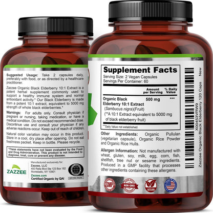 Zazzee USDA Organic Black Elderberry 10:1 Extract, 120 Vegan Capsules, 2 Month Supply, Sambucus Nigra, Antioxidant & Immune Support, Concentrated 10X Extract, All-Natural, Non-GMO, Made in the USA