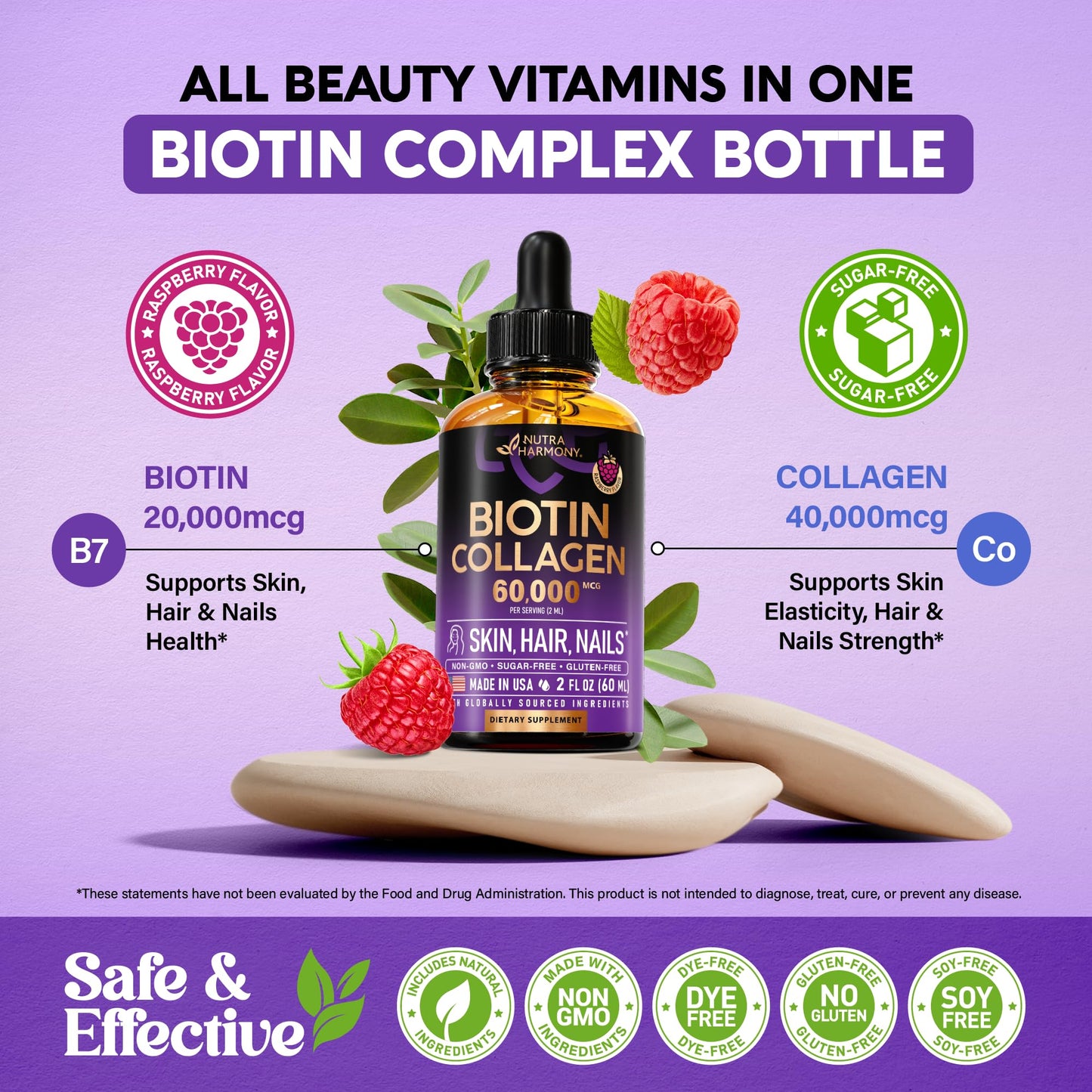 Liquid Biotin & Collagen 60,000 mcg - Vitamins for Hair Growth Support - Extra Strength Drops for Women & Men - Liquid Collagen Supplement - Strong Nails & Healthy Skin - Raspberry Flavor, 2 Fl Oz