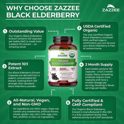 Zazzee USDA Organic Black Elderberry 10:1 Extract, 120 Vegan Capsules, 2 Month Supply, Sambucus Nigra, Antioxidant & Immune Support, Concentrated 10X Extract, All-Natural, Non-GMO, Made in the USA