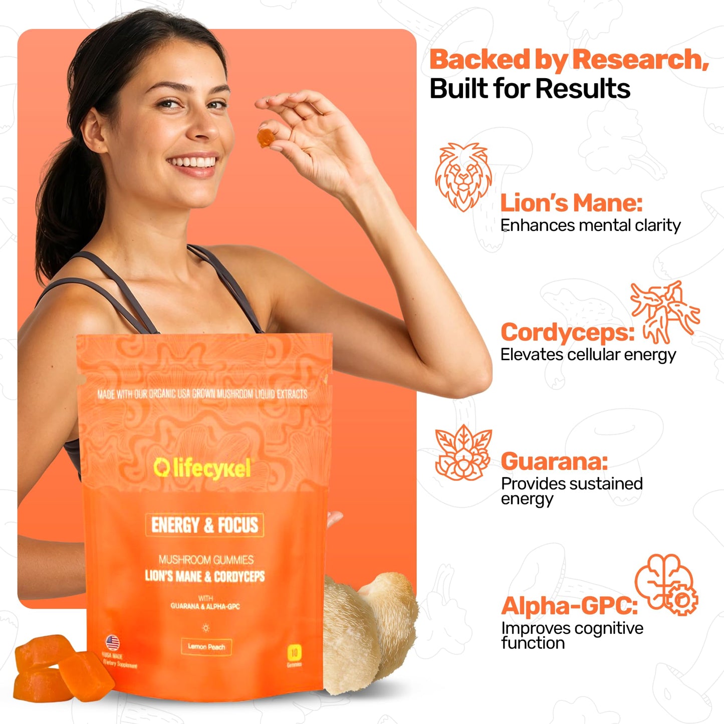 Life Cykel - AM Energy and Focus Mushroom Gummies, 60 Count - Organic Lion's Mane Gummies with Cordyceps, Guarana & Alpha GPC for Mental Clarity, Natural Energy, Endurance & Focus - Lemon Peach Flavor