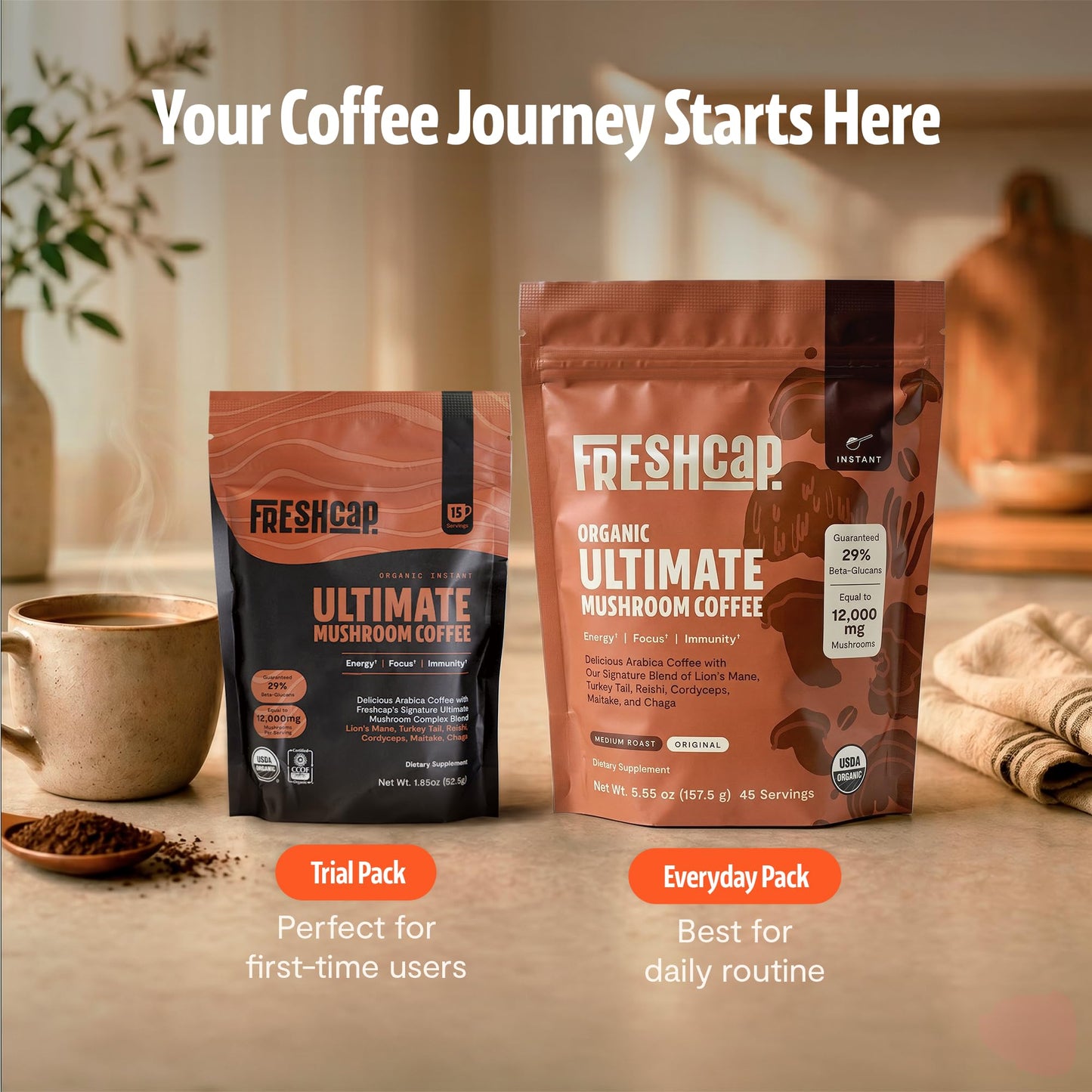 Premium Organic Mushroom Coffee – 12:1 Fruiting Body Extract – 29% Beta-Glucans – Smooth Tasting, 3rd-Party Tested for Clean Energy, No Jitters, Focus, Immune Support (15 Servings)