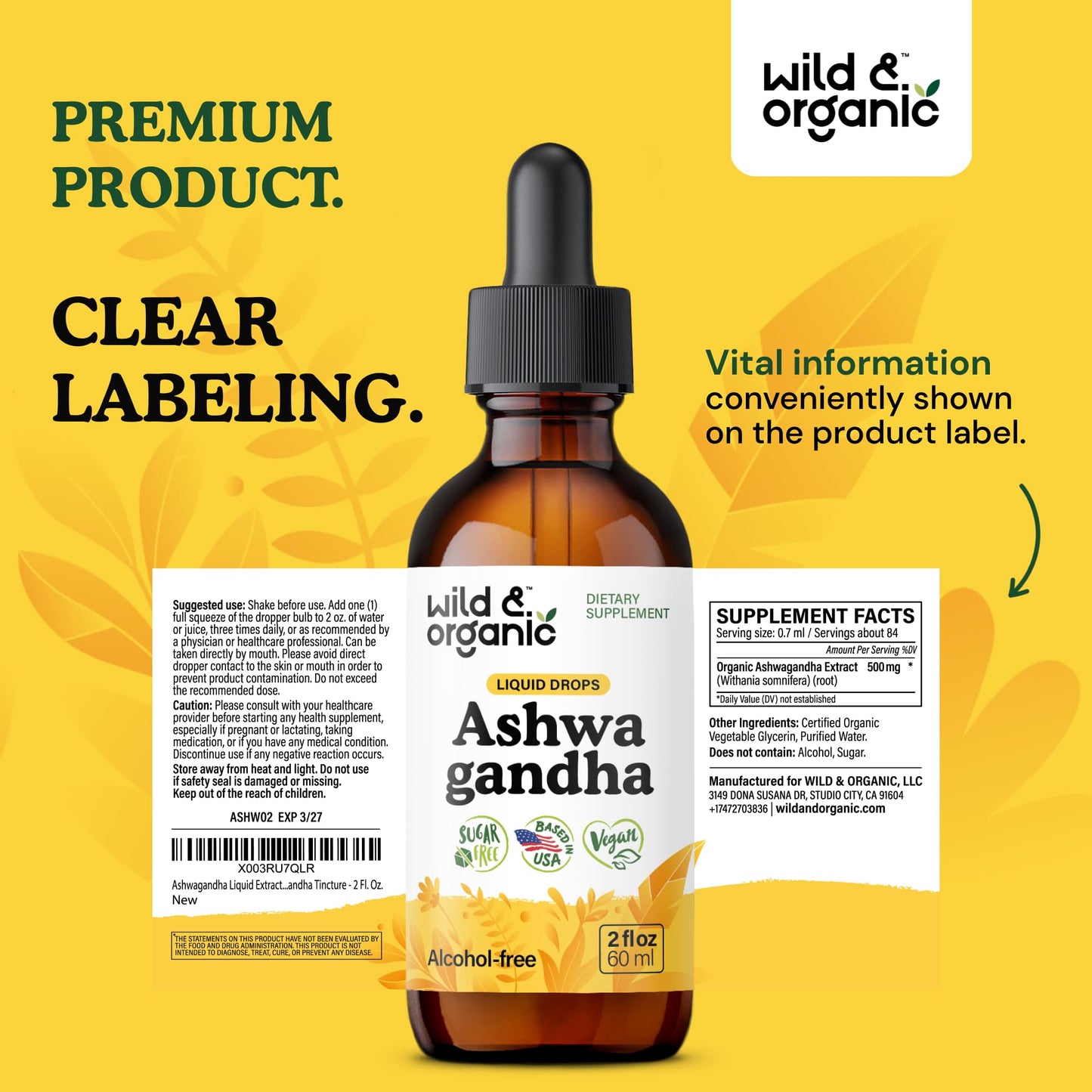 Wild & Organic Ashwagandha Drops - Mood Support & Positive Energy - 500 mg Ashwagandha for Women & Men - Add to Tea Liquid Extract for Relaxation - Non-GMO, Sugar & Alcohol-Free Tincture - 4 fl oz