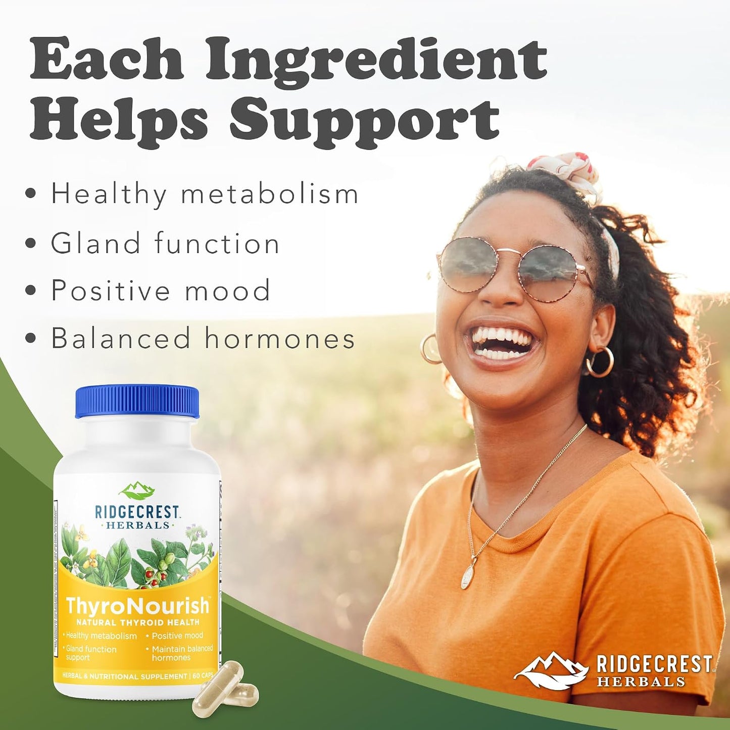 RidgeCrest Herbals ThyroNourish Thyroid and Metabolism Support 60 Ct | 30 Servings, Ashwagandha, L-Tyrosine, Iodine, Copper, Kelp, Natural Energy and Sleep Wellness, Daily Herbal Formula