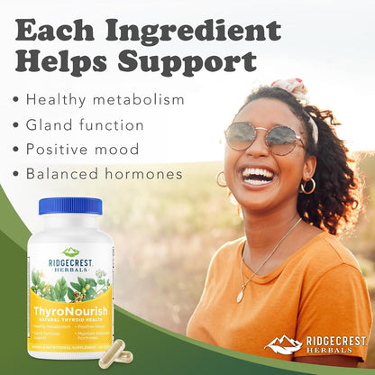 RidgeCrest Herbals ThyroNourish Thyroid and Metabolism Support 60 Ct | 30 Servings, Ashwagandha, L-Tyrosine, Iodine, Copper, Kelp, Natural Energy and Sleep Wellness, Daily Herbal Formula