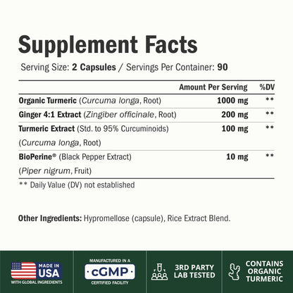Turmeric and Ginger Supplement – Inflammation & Joint Support. 60 Capsules
