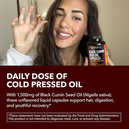 Black Seed Oil Capsules, Vegan, Non-GMO, Cold-Pressed Nigella Sativa, 90ct | 1500mg Per Serving Black Cumin Supplement for Skin Health, Immune Function, and Digestive Health, Unflavored, 30 Servings