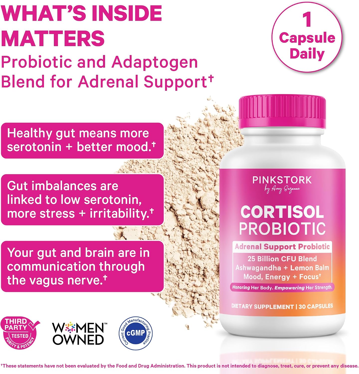 Pink Stork Cortisol Probiotic for Women, 30 Capsules | Ashwagandha, Lemon Balm, Chamomile, 25 Billion CFU, Mood and Adrenal Support, Gut Health, Energy, Focus, Cortisol Management