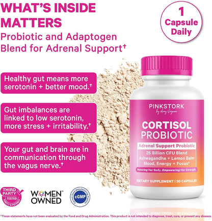 Pink Stork Cortisol Probiotic for Women, 30 Capsules | Ashwagandha, Lemon Balm, Chamomile, 25 Billion CFU, Mood and Adrenal Support, Gut Health, Energy, Focus, Cortisol Management