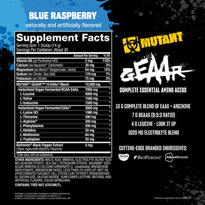 Mutant GEAAR - 9.4g of EAA Powder + Arginine, 7g BCAAs, 4g Leucine, Electrolytes, Coconut Water, 30 Servings - Fruit Punch