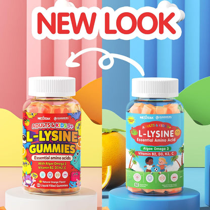 L-Lysine Gummies 500/1000mg with Algae Omega 3, Vitamin B2, D3, K2, C for Kids 9+, Teen & Adult, Lysine Supplement Support Immune, Lip & Oral, Collagen Production, Brain, Bone Health, Sugar Free 1Pack