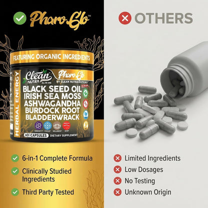 Clean Nutra Black Seed Oil Capsules + Sea Moss Ashwagandha Burdock Root Bladderwrack Seaweed Skin Detox Stress Relief Immune Support Focus Supplement Nigella Sativa 60 Pills