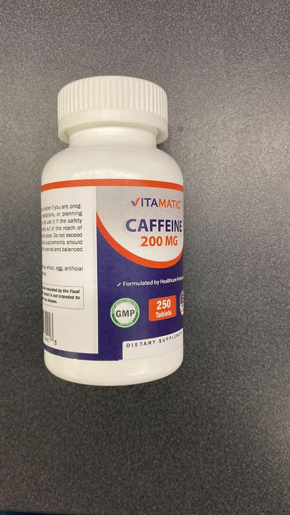 Vitamatic Caffeine Pills 200mg per Serving, 250 Vegetarian Tablets | Support Energy Support & Endurance Performance*, Non GMO, Gluten Free, Made in USA