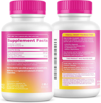 Pink Stork DIM Supplement for Women, 60 Capsules | Estrogen and Hormone Balance for Menopause, Perimenopause & PMS, DIM 200 mg plus BioPerine, Mood Support, 60 Day Supply