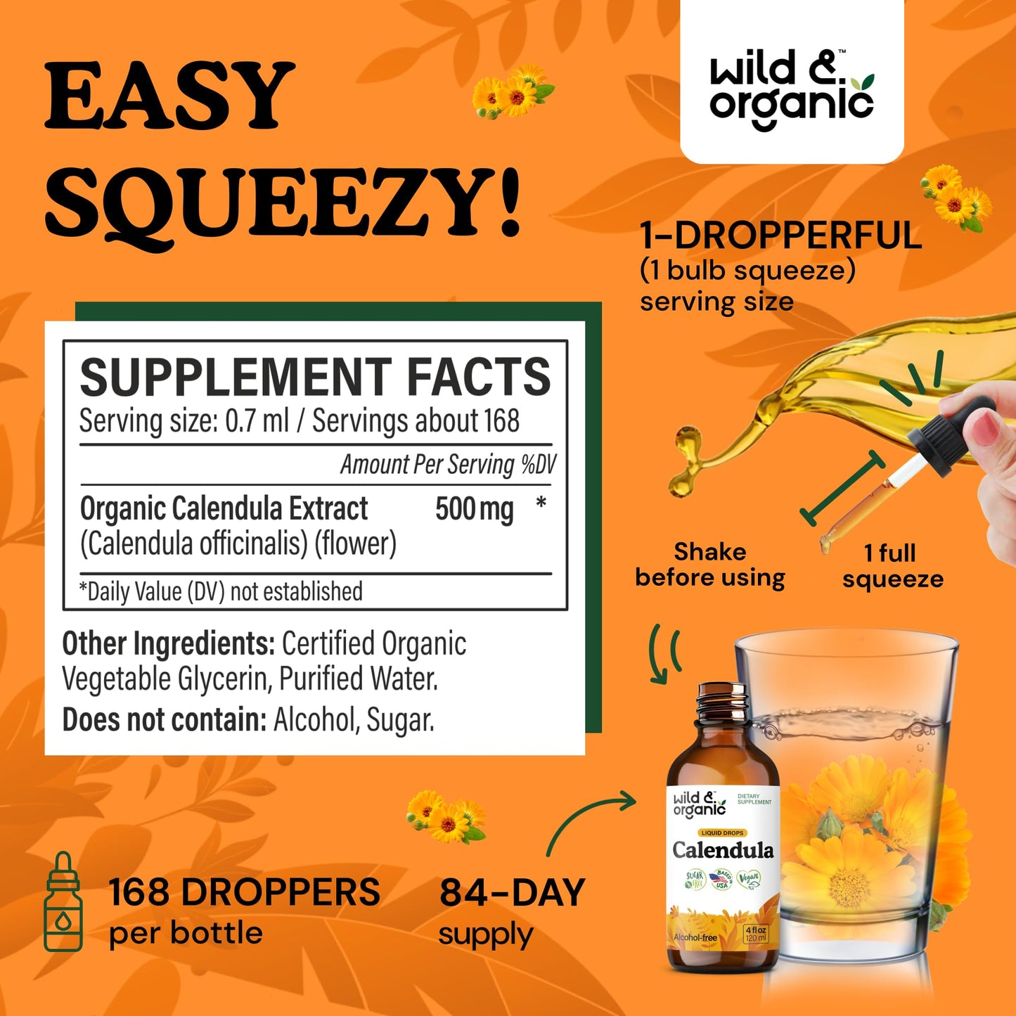 Wild & Organic Calendula Flowers Supplement - Antioxidant, Immune & Skin Support - Add to Tea Extract Drops - Calendula Herb Tincture - Vegan, Alcohol & Sugar-Free - 4 fl oz