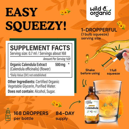 Wild & Organic Calendula Flowers Supplement - Antioxidant, Immune & Skin Support - Add to Tea Extract Drops - Calendula Herb Tincture - Vegan, Alcohol & Sugar-Free - 4 fl oz