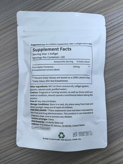 2-in-1 Organic Ceylon Cinnamon with MCT Oil Supplements Softgels, 120 Day Supply, Authentic Sri Lankan Source, Liposome Highly Bioavailable Extract, Energy & Metabolism Support, Large Granule Softgels