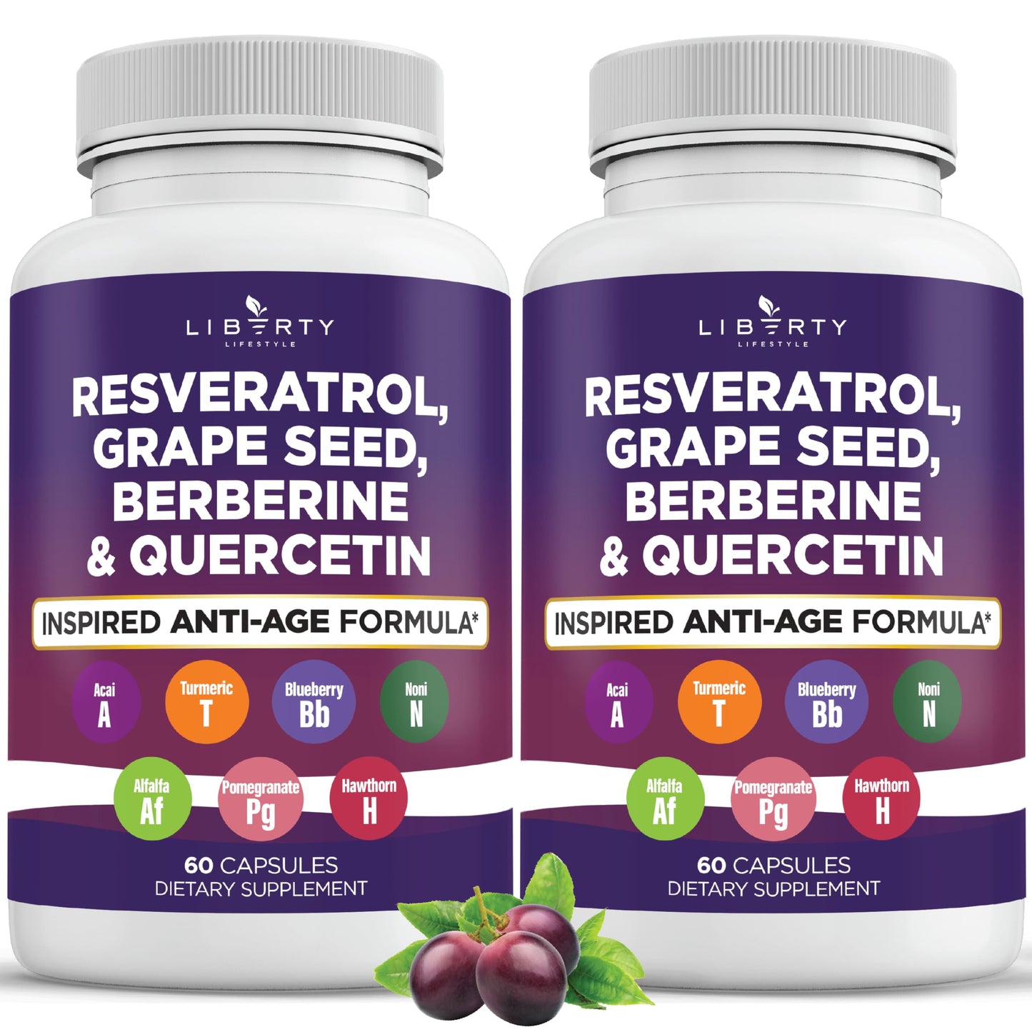 Liberty Lifestyle Resveratrol, Berberine, Grape Seed Extract, Quercetin, Polyphenol Supplement for Women and Men with Noni Extract, N-Acetyl Cysteine, Acai Extract - 2-Pack