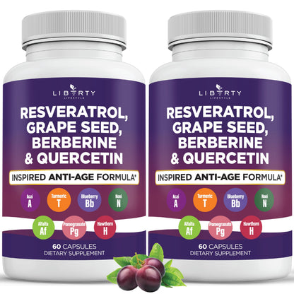 Liberty Lifestyle Resveratrol, Berberine, Grape Seed Extract, Quercetin, Polyphenol Supplement for Women and Men with Noni Extract, N-Acetyl Cysteine, Acai Extract - 2-Pack
