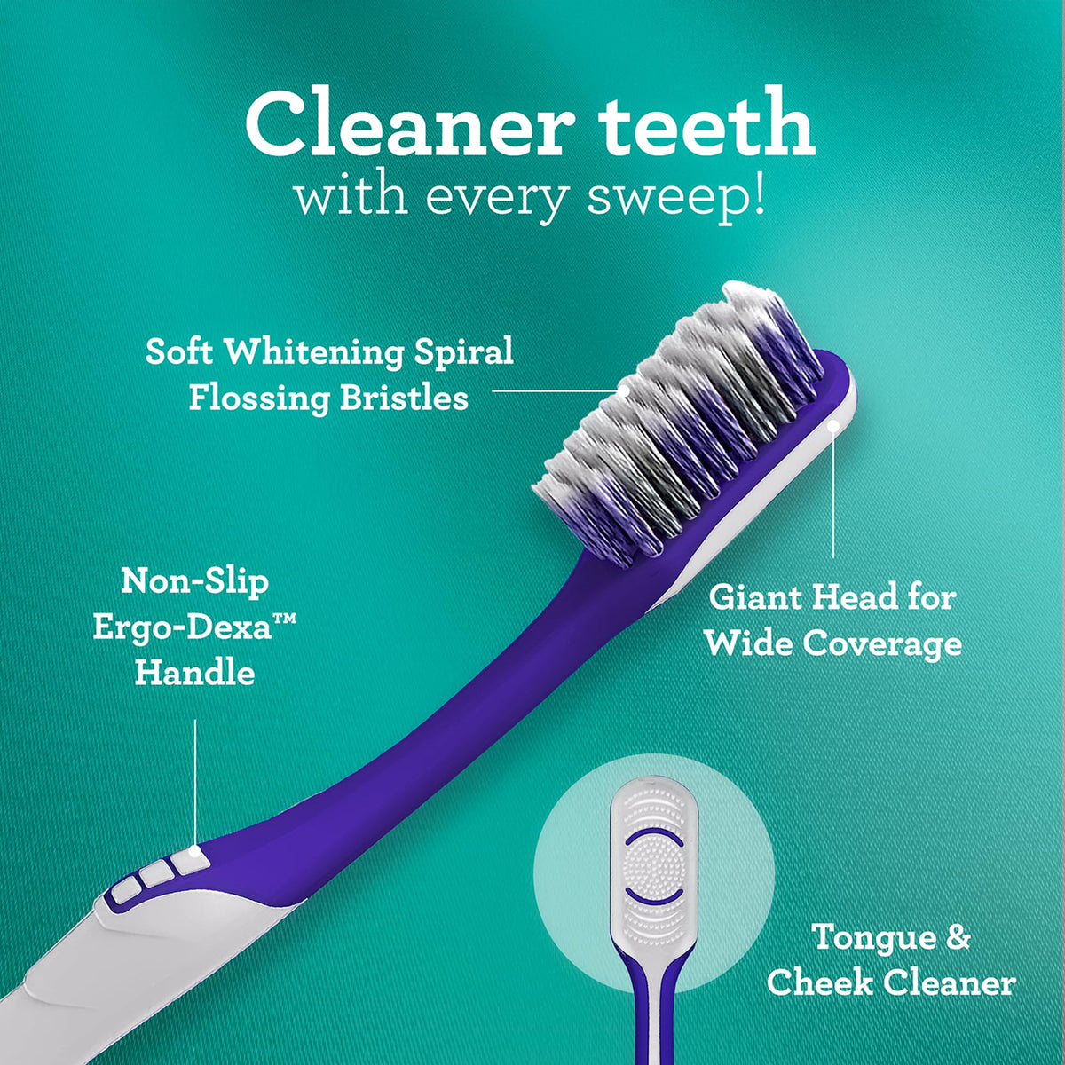 GuruNanda Gentle Giant Toothbrush with Dual Action Flossing Spiral Bristles, Non-Slip Ergo Dexa Grip, Helps in Teeth Whitening, BPA Free Manual Toothbrushes, Assorted Colors, 4 Count