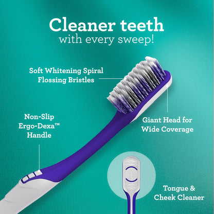 GuruNanda Gentle Giant Toothbrush with Dual Action Flossing Spiral Bristles, Non-Slip Ergo Dexa Grip, Helps in Teeth Whitening, BPA Free Manual Toothbrushes, Assorted Colors, 4 Count