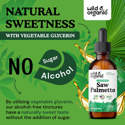 Wild & Organic Saw Palmetto for Men & Women - Urinary Tract & Hair Support - Saw Palmetto Extract Liquid Drops - Add to Tea - Serenoa Repens Berries Supplement - Vegan, Sugar & Alcohol-Free - 4 fl oz