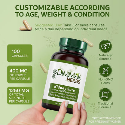 Kidney Sure- Kidney Cleanse & Revitilization Tonic- Organic Herbal Support for Renal Health, Urinary Tract Flow & Vitality- TCM Doctor Formulated, Vegan- 400mg 100 Capsules