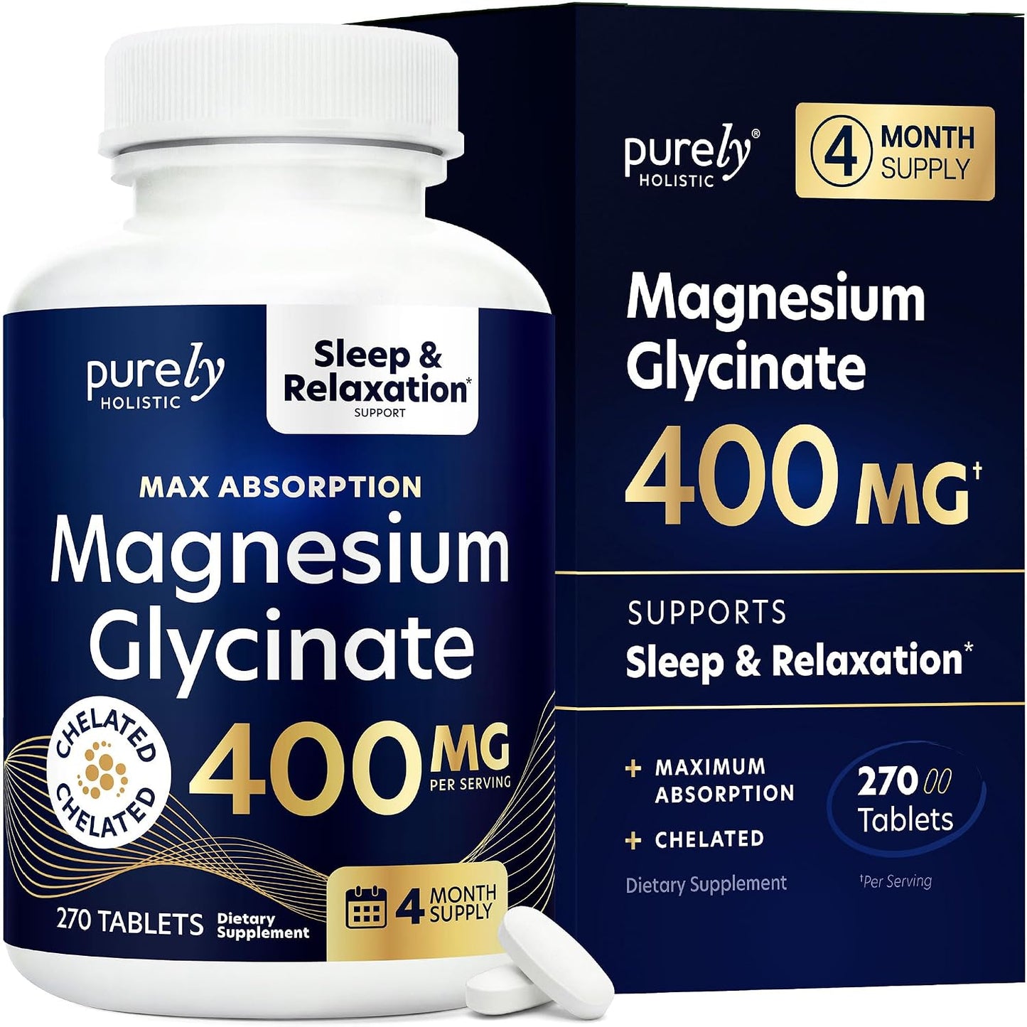 Magnesium Glycinate 400mg, 4+ Month Supply, Sleep, Relax & Muscle Support | High Absorption Magnesium Supplement for Women & Men, Gentle on Digestion, Vegan, Non-GMO, Gluten-Free, 270 Tablets