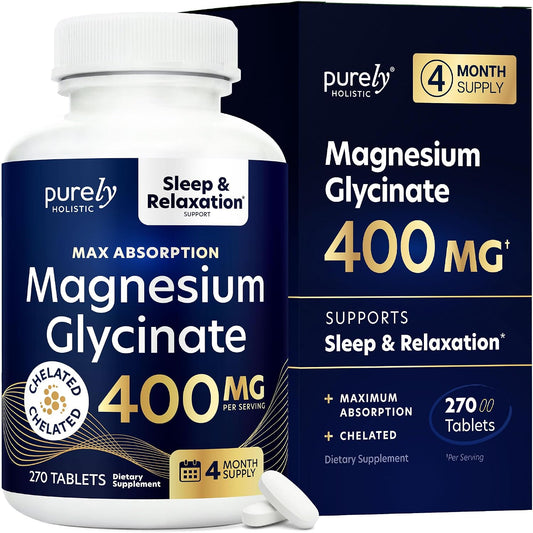 Magnesium Glycinate 400mg, 4+ Month Supply, Sleep, Relax & Muscle Support | High Absorption Magnesium Supplement for Women & Men, Gentle on Digestion, Vegan, Non-GMO, Gluten-Free, 270 Tablets