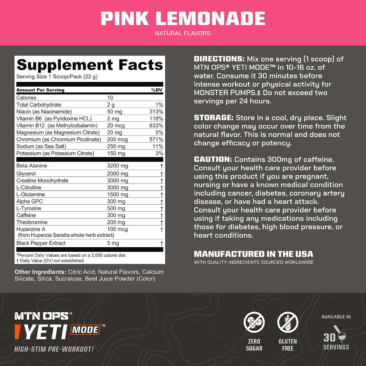 MTN OPS Yeti Mode High Stim Pre-Workout with Creatine, Pink Lemonade