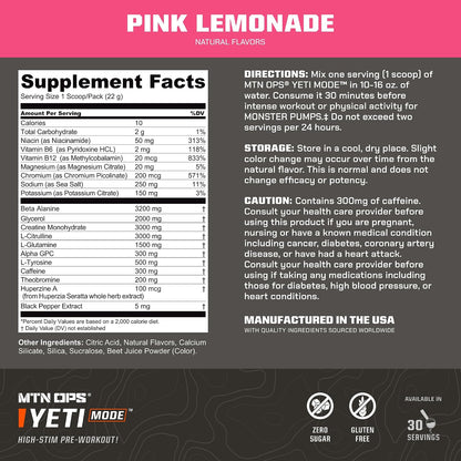 MTN OPS Yeti Mode High Stim Pre-Workout with Creatine, Pink Lemonade