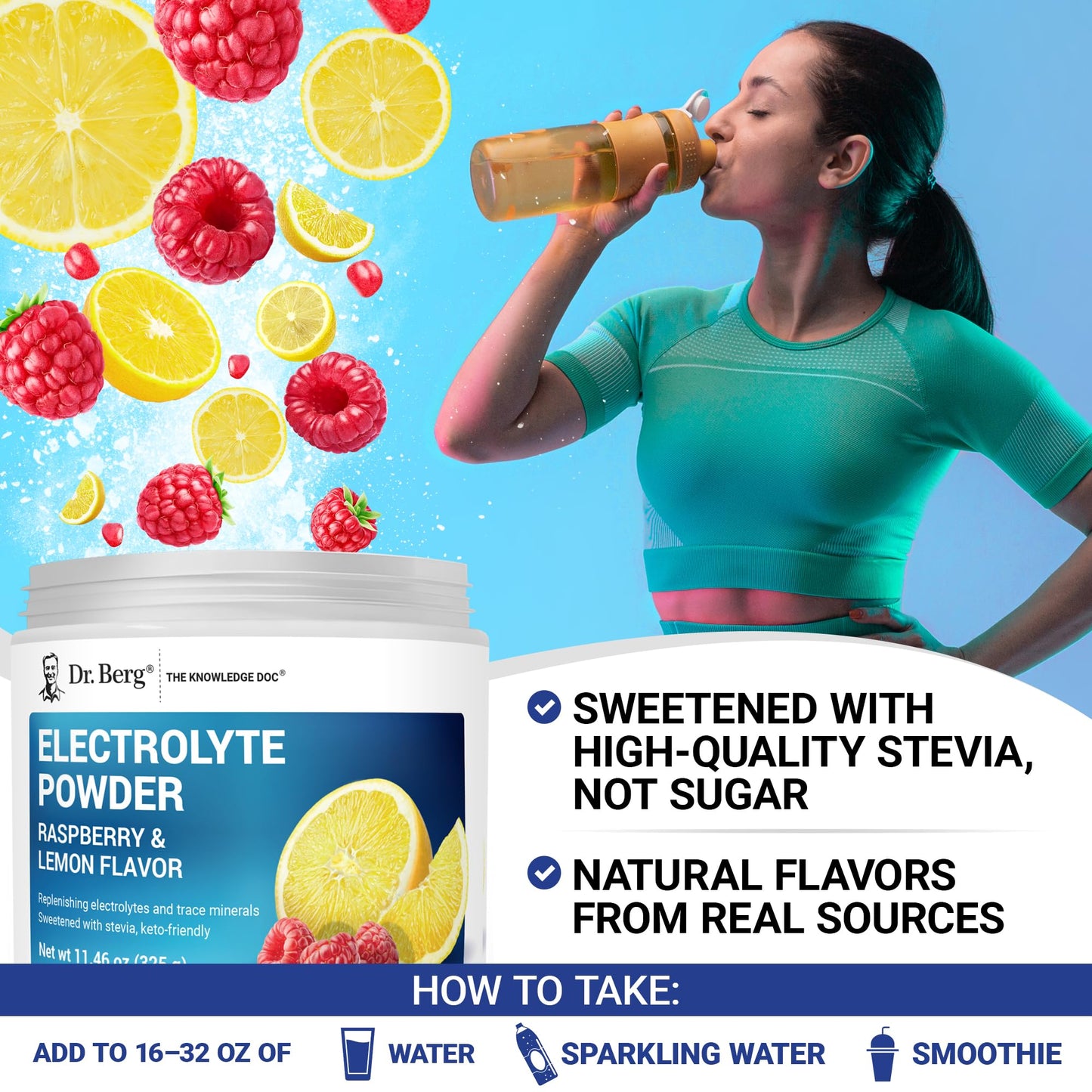 Dr. Berg Zero Sugar Hydration Keto Electrolyte Powder - Enhanced w/ 1000 mg of Potassium & Real Pink Himalayan Salt (NOT Table Salt) - Raspberry & Lemon Flavor Hydration Drink Supplement, 100 Servings