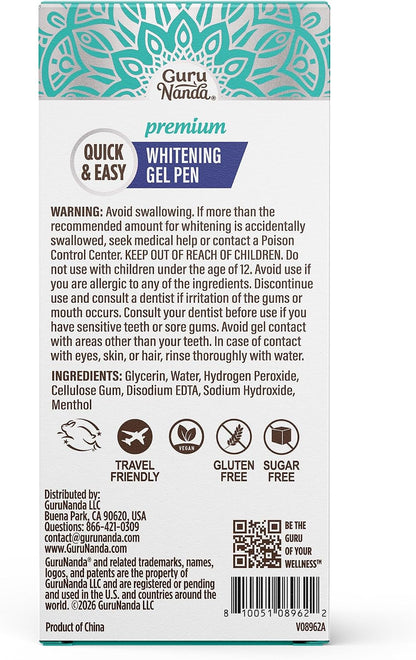 GuruNanda Teeth Whitening Pen - Helps Remove Surface Stains from Coffee, Tea & Wine, Up to 70 Uses, Precision Brush Applicator, Travel-Friendly Whitening Gel Pen, Mint Flavor, 4 mL