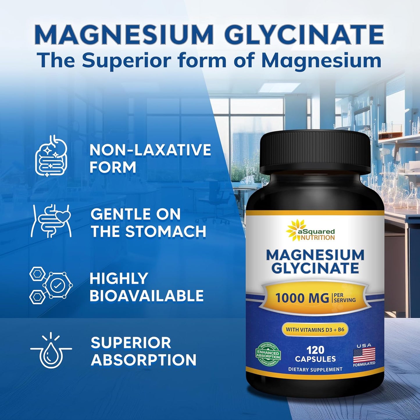 Glicinato de magnesio 1000mg con vitamina D3 y B6-500mg por cápsula - Suplemento complejo de magnesio elemental puro para el sueño, los músculos y la salud ósea - Reemplace gomitas, tabletas y polvo