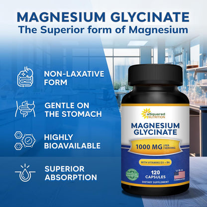 Glicinato de magnesio 1000mg con vitamina D3 y B6-500mg por cápsula - Suplemento complejo de magnesio elemental puro para el sueño, los músculos y la salud ósea - Reemplace gomitas, tabletas y polvo