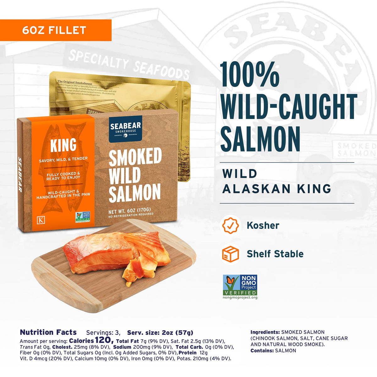 SeaBear Smoked Salmon Trio 18oz (3 x 6oz) Fillets Gift Box – Wild Alaska Sockeye, Wild Pink & Coho Fillets, Shelf Stable, Ready to Eat, 18 Ounce (3 x 6 Ounce) Filets