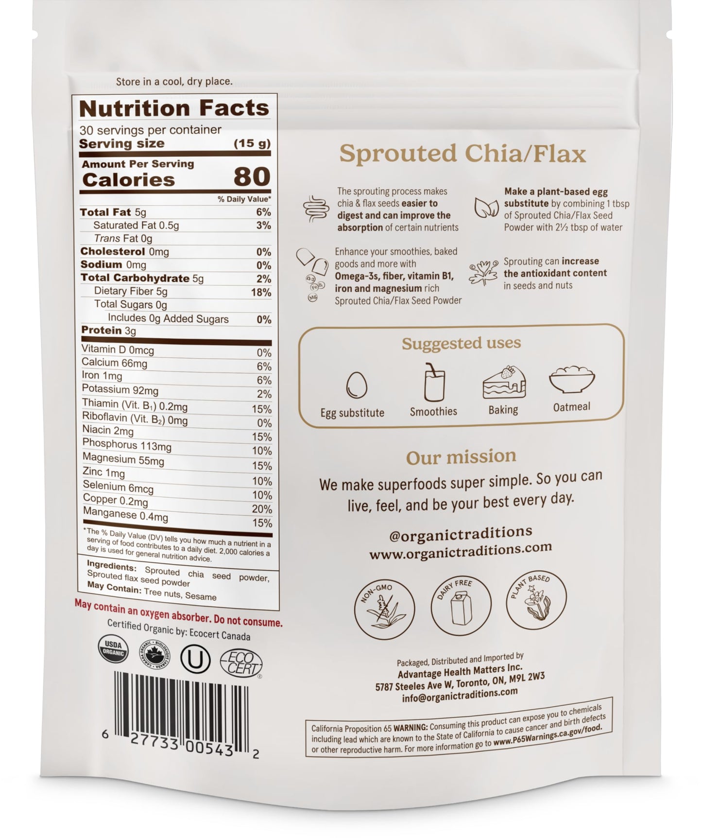 Organic Traditions Sprouted Chia and Flax Seed Powder, Organic Chia Seeds and Flax Blend for Smoothies Baking Oatmeal Egg Substitute, Plant Based Non GMO High Fiber Omega 3 Superfood, 454g / 16 oz Bag