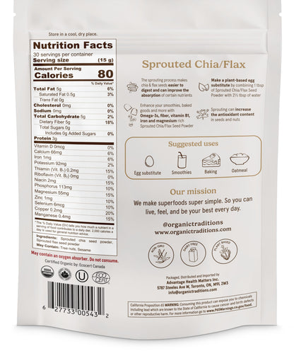 Organic Traditions Sprouted Chia and Flax Seed Powder, Organic Chia Seeds and Flax Blend for Smoothies Baking Oatmeal Egg Substitute, Plant Based Non GMO High Fiber Omega 3 Superfood, 454g / 16 oz Bag
