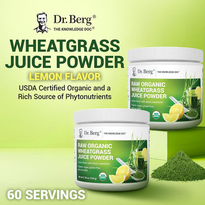 Dr. Berg USDA Certified Organic Green Powder Superfood (60 Servings) - Made with Raw Wheatgrass, Chlorophyll, Trace Minerals & Natural Enzymes - Non-GMO Green Superfood Powder - Lemon Flavor