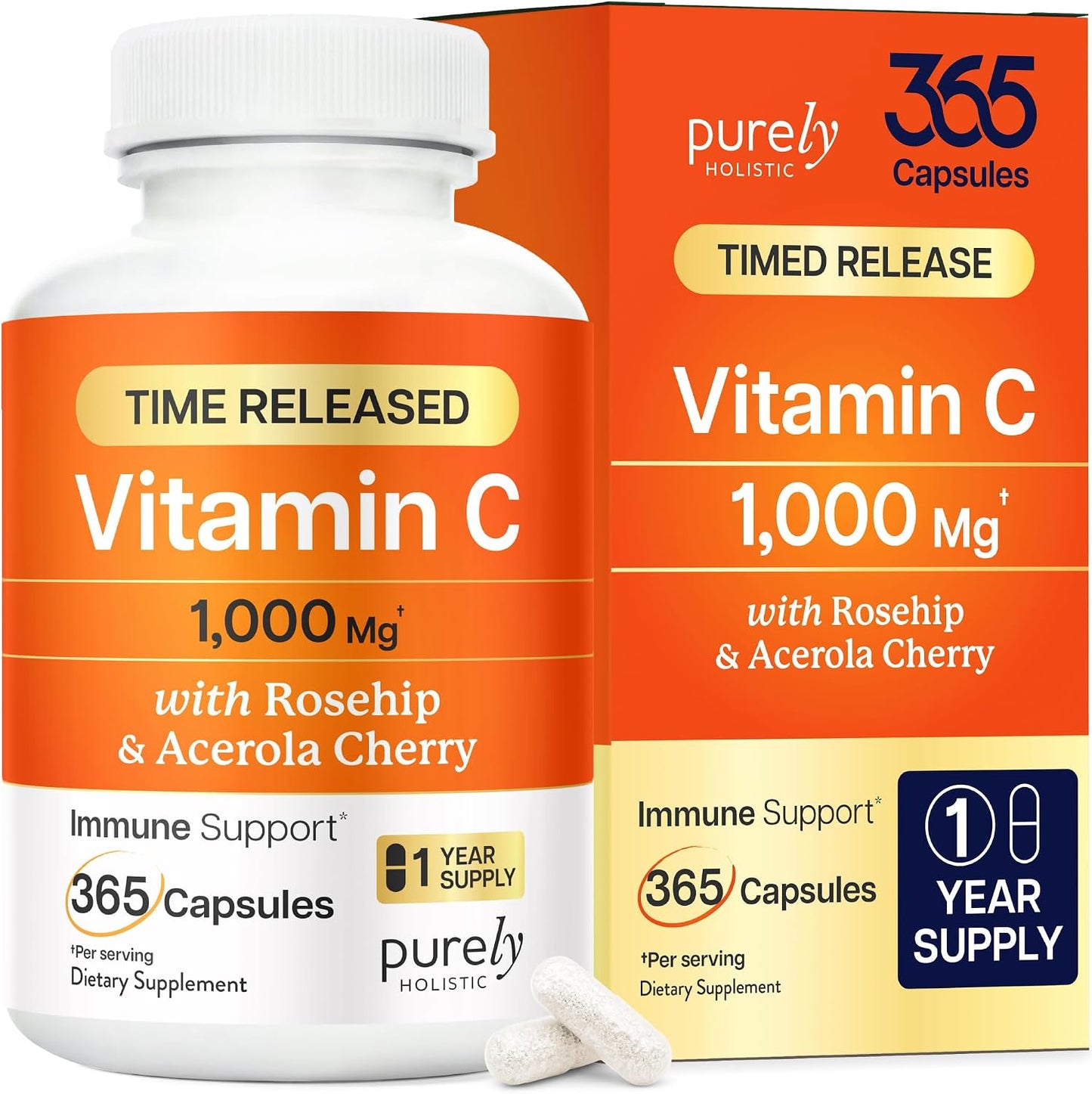 Vitamin C 1000mg, Immune Support, Timed-Release Capsules, 1 Year Supply | Vitamin C Supplement with Acerola Cherry & Rose Hips, Daily Antioxidant & Wellness Support, Vegan, Non-GMO, 365 Capsules