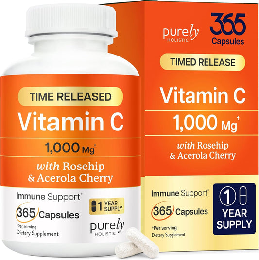Vitamin C 1000mg, Immune Support, Timed-Release Capsules, 1 Year Supply | Vitamin C Supplement with Acerola Cherry & Rose Hips, Daily Antioxidant & Wellness Support, Vegan, Non-GMO, 365 Capsules