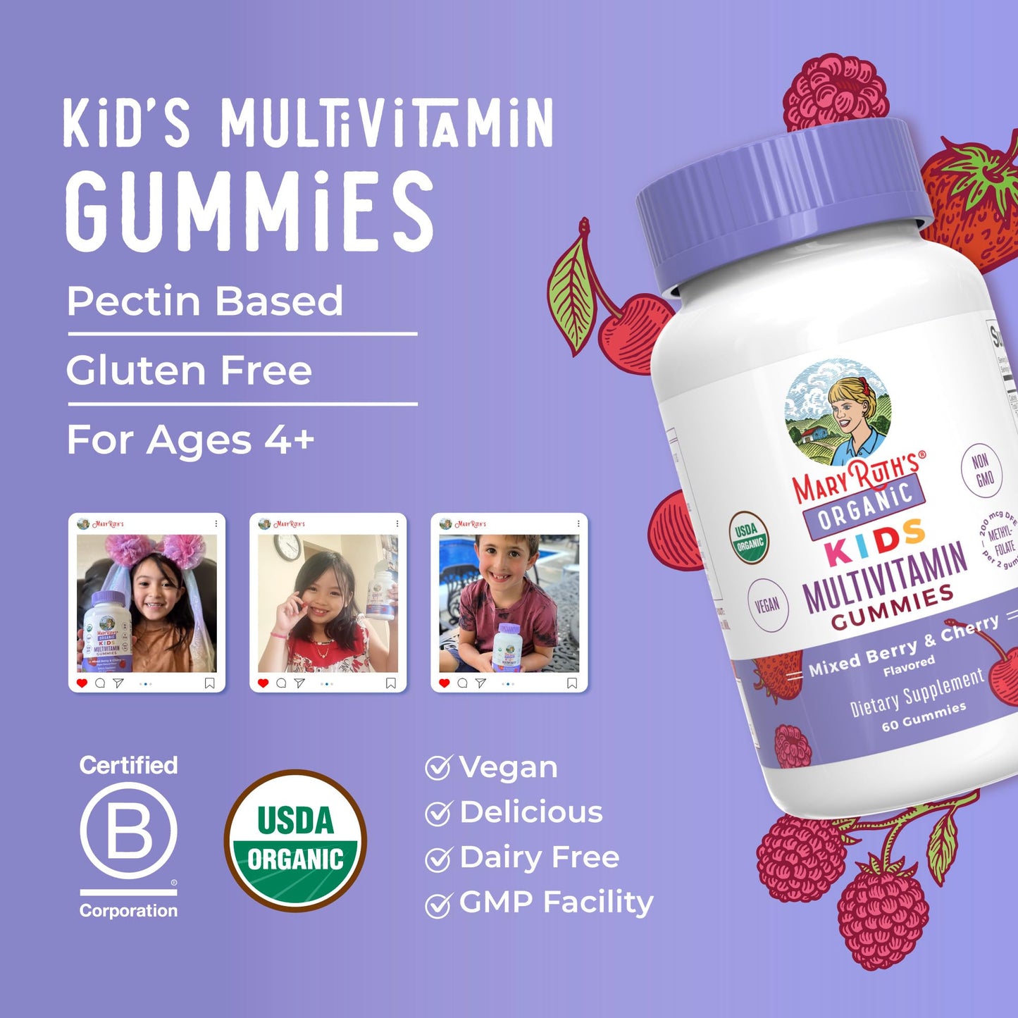 MARYRUTH'S Kids Vitamins | Multi | 1 Month Supply | Multivitamin Gummies for Ages 4+ | Multivitamin for Kids | Vegan | Only 2 Gummies a Day | 60 Count