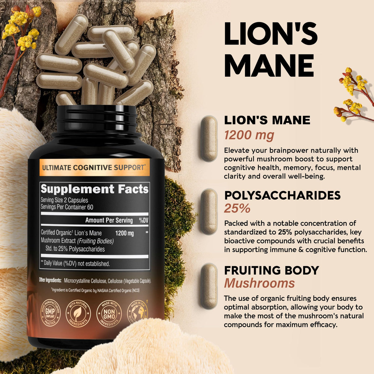 Organic Lions Mane - Certified Mushroom Supplement - Made in USA - Fruiting Bodies