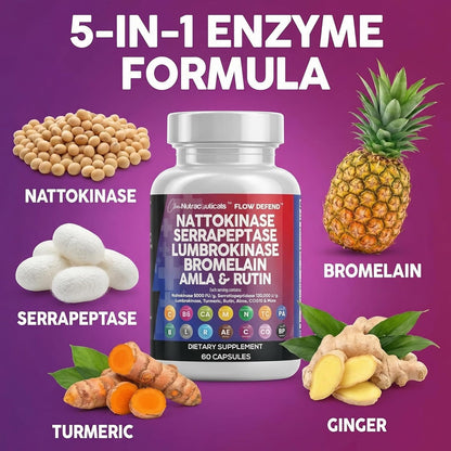 Clean Nutraceuticals Nattokinase 5000 FU Serrapeptase 120000 SPU Lumbrokinase Enzyme Supplement with Bromelain Papain Papaya Enzymes Rutin Extract Amla Magnesium Vitamin B6 & VIT C Capsules